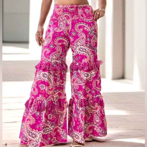 WOMEN'S SMOCK WAIST PAISLEY PRINT TIERED WIDE LEG PALAZZO PANTS - Picture 4 of 7